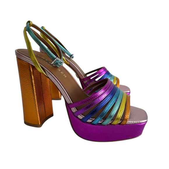 Kurt Geiger Size 8 Pierra Multicolor Rainbow Block Heel Ankle Strap Sandal Heels - Picture 2 of 9